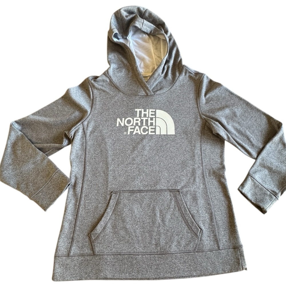The North Face Gray Fleece Hoodie Large White Logo Sweatshirt Womens Lar…
